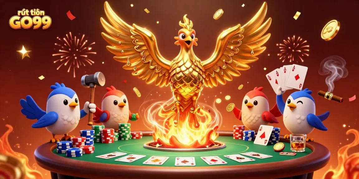 Win big with rút tiền GO99 as golden phoenix coins burst from the forge in this dynamic scene.