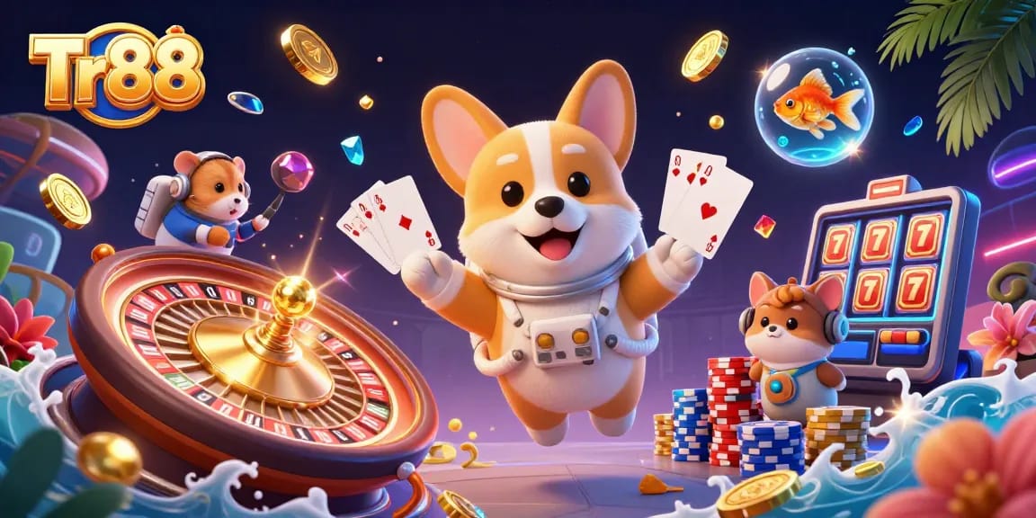 Win big at Tr88 with vibrant casino imagery featuring space-themed characters and games!