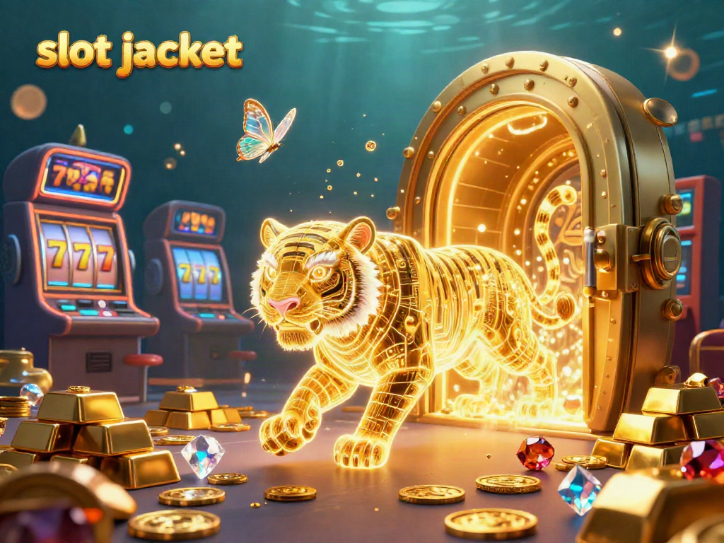 Experience the thrill of slot jackpot with a golden tiger amidst a vibrant digital casino.