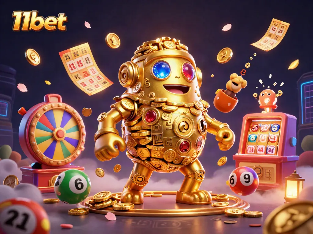 Experience the thrill of 11bet gaming with animated golden golem and vibrant joy of lottery action.