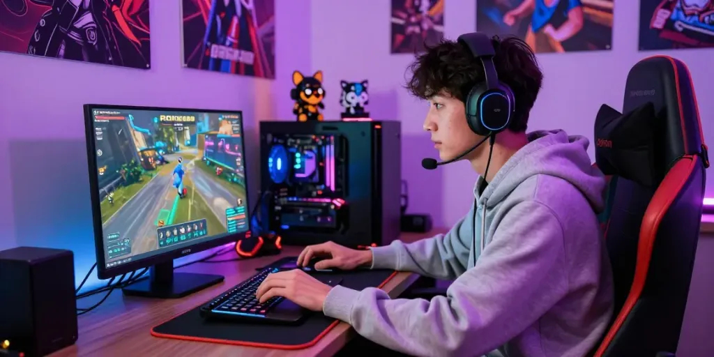 Engaged gamer exploring rokok88 alternatif in a vibrant gaming setup, showcasing focus and excitement.