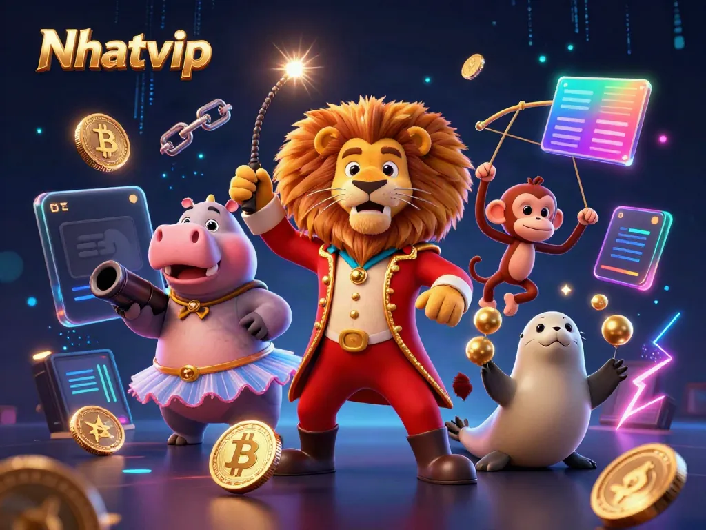 Nhatvip engages with vibrant characters in an electrifying casino setting full of cryptocurrency elements.