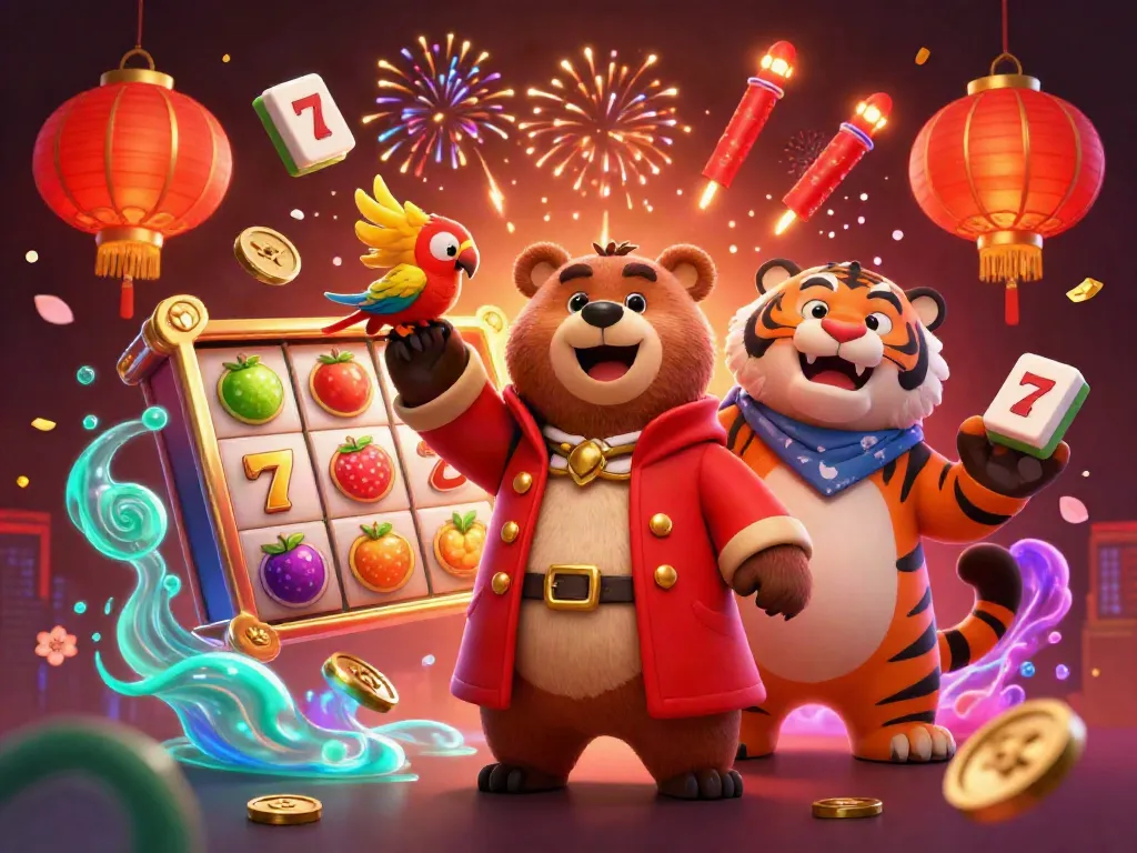 Experience the thrill of slot games with vibrant characters and dynamic gameplay elements, showcasing a fun bear and tiger amidst colorful designs.