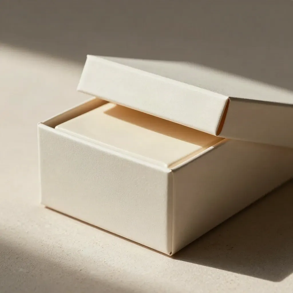 Cream magnetic gift box half-open with insert, dramatic diagonal light.