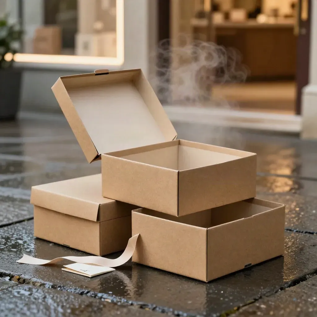 Two kraft hamper boxes on wet stone, one open, with misty light and ribbon detail.
