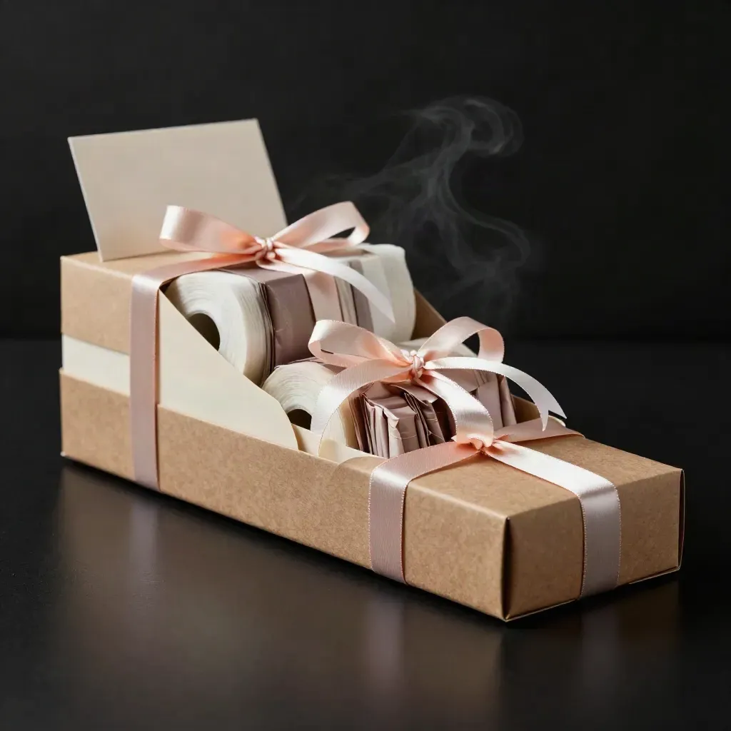 Unbranded gift boxes, ribbons, tissue and filler packs sliding diagonally on a matte-black surface.