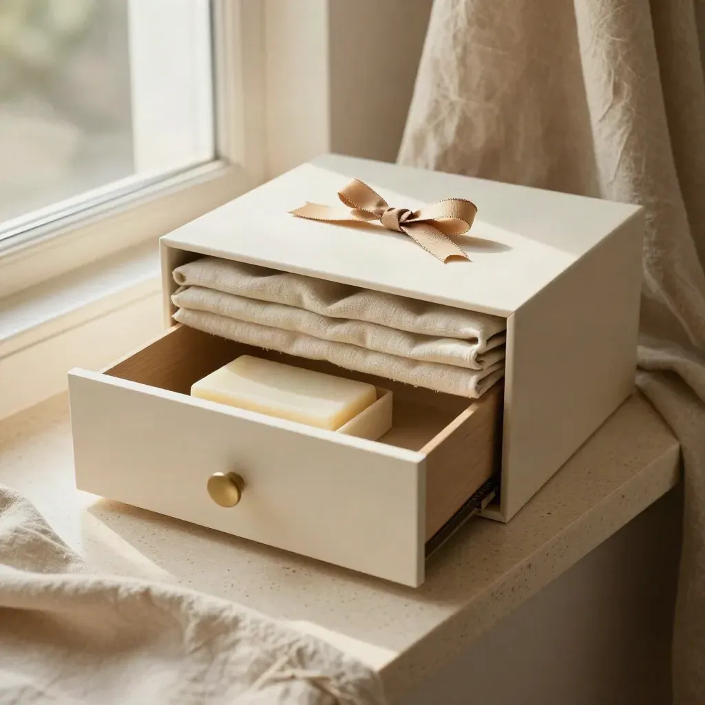 Cream drawer gift box half open on travertine with linen drape and soft side light