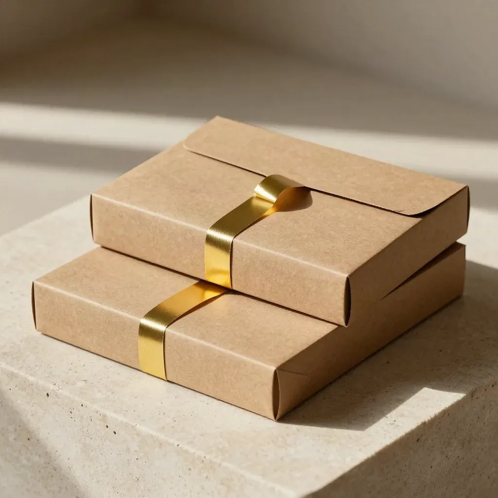 Two unbranded mailer boxes with inserts and a gold ribbon loop on pale stone.
