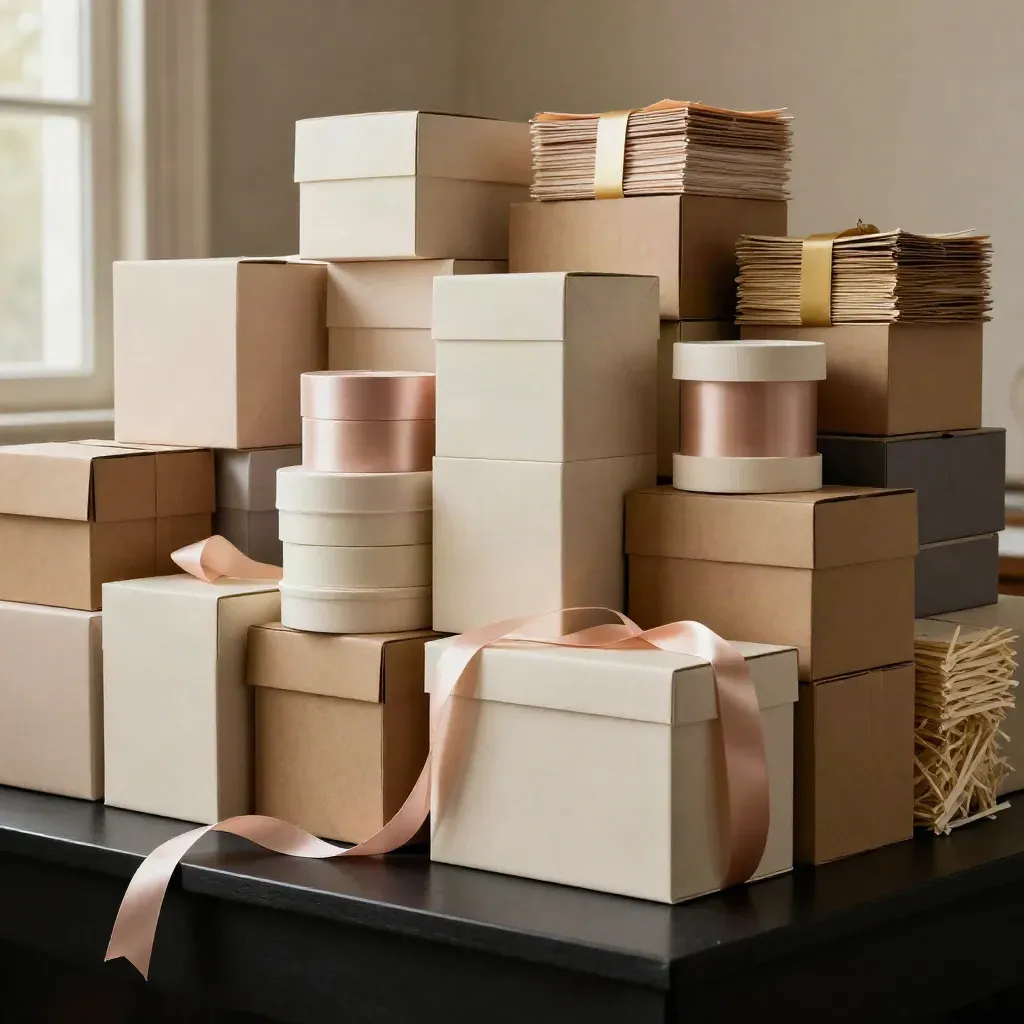 Stacks of gift boxes, tissue, ribbon and filler packs on a matte-black studio plinth