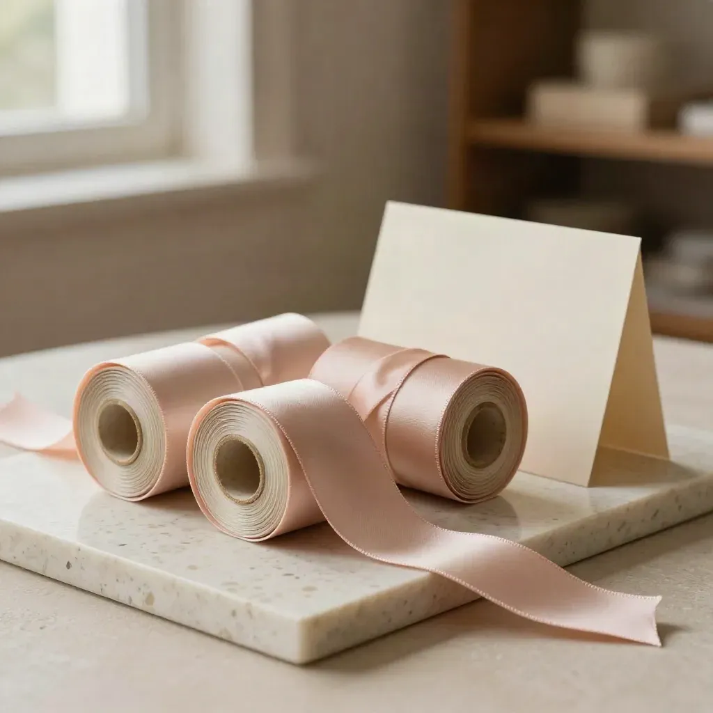 Three blush ribbon rolls on pale travertine, one tail curling in a smooth S-curve.