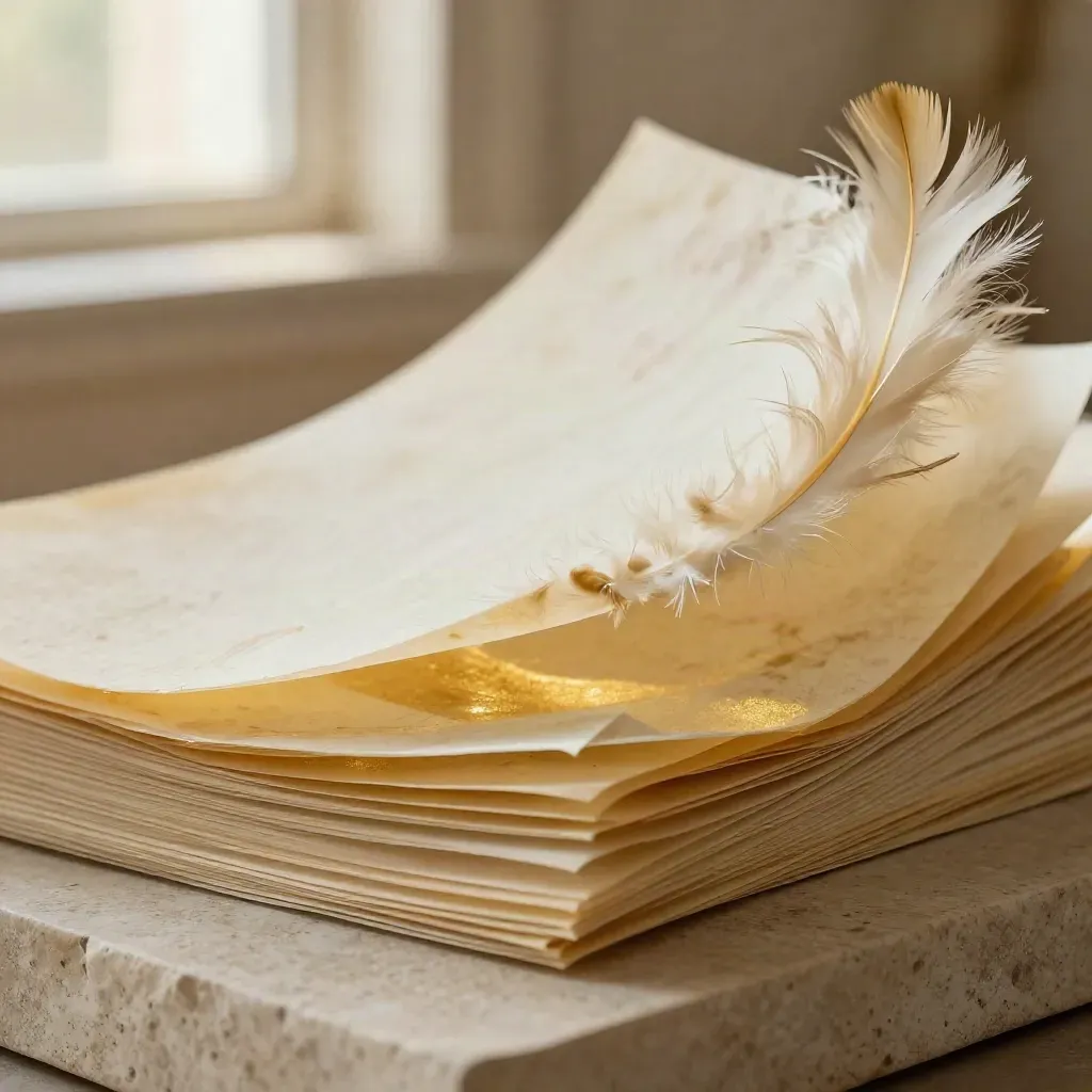 Macro of cream and gold tissue sheets fanned into a soft wave with one fluttering edge.