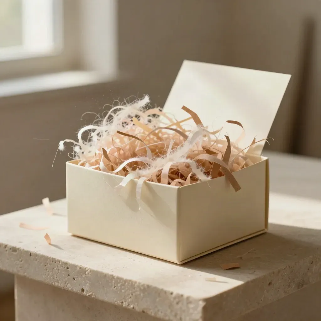 Light fill paper pack beside a cream box with shredded paper in a soft nest