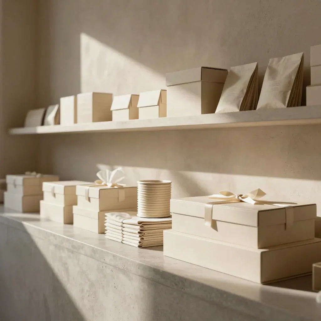 Sunlit boutique counter with stacked cream gift boxes and ribbon in soft bokeh.