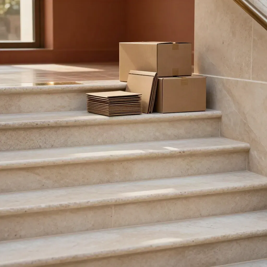 Sunlit stone stair landing with clean cartons above a calm marble floor