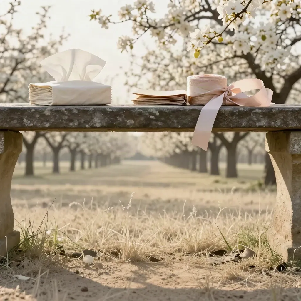 Orchard bench with wrap paper, ribbon and tissue above a calm meadow at sunset.