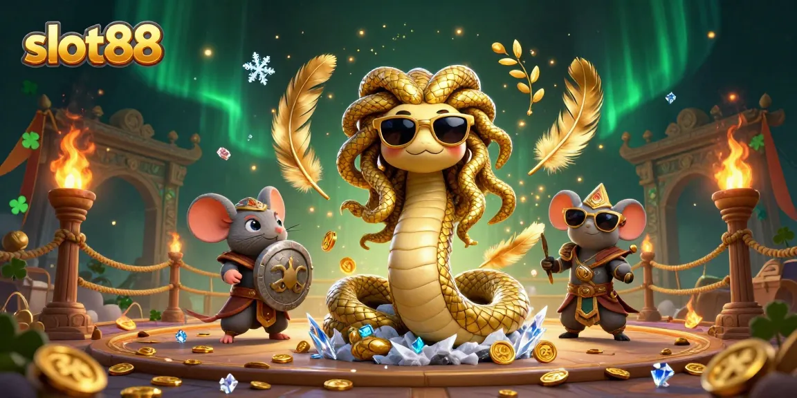 Engage with slot88 in a vibrant 3D casino environment featuring snakes, coins, and mythical elements.