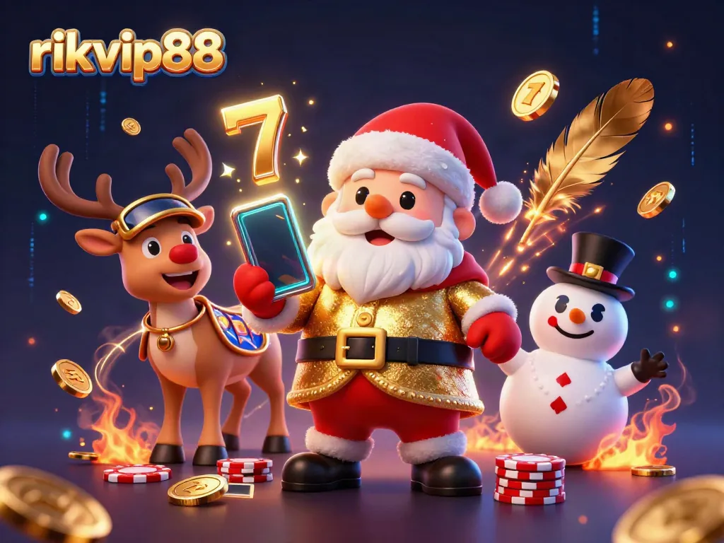 Experience exciting wins with rikvip88 in this animated casino scene featuring Santa and friends.