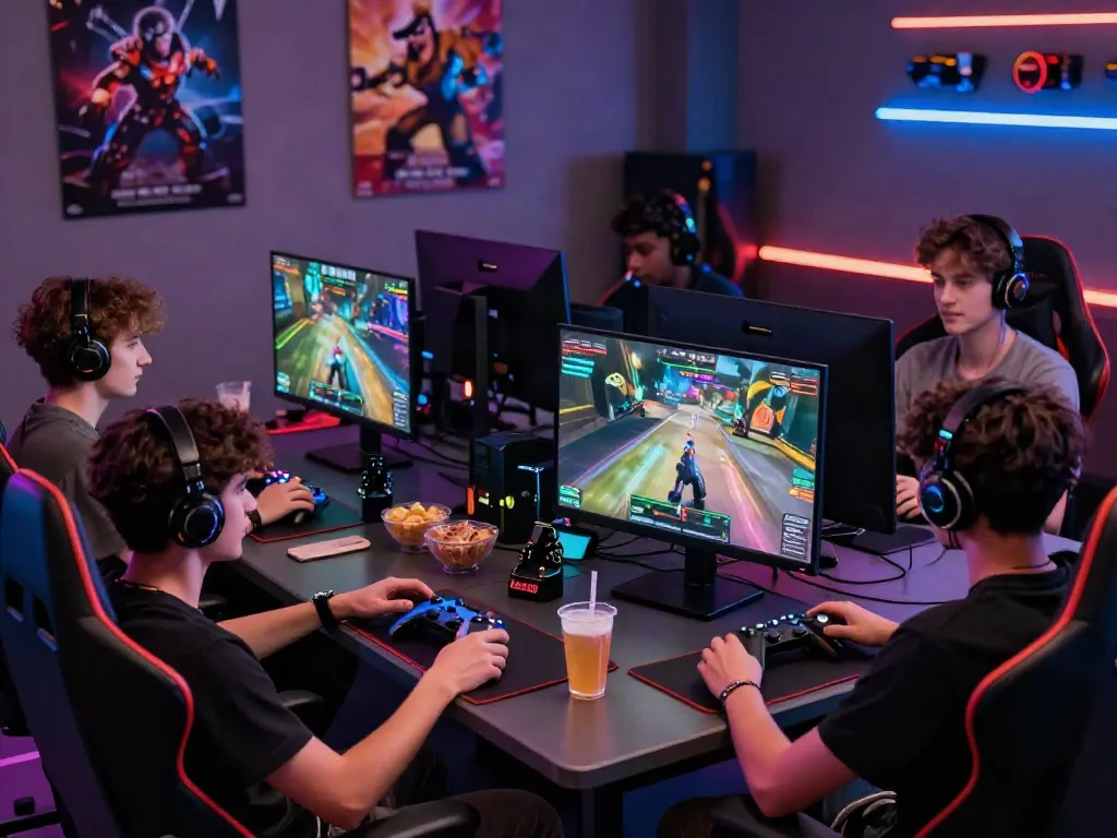 Group gaming session featuring rokok88 gaming experiences with friends and snacks