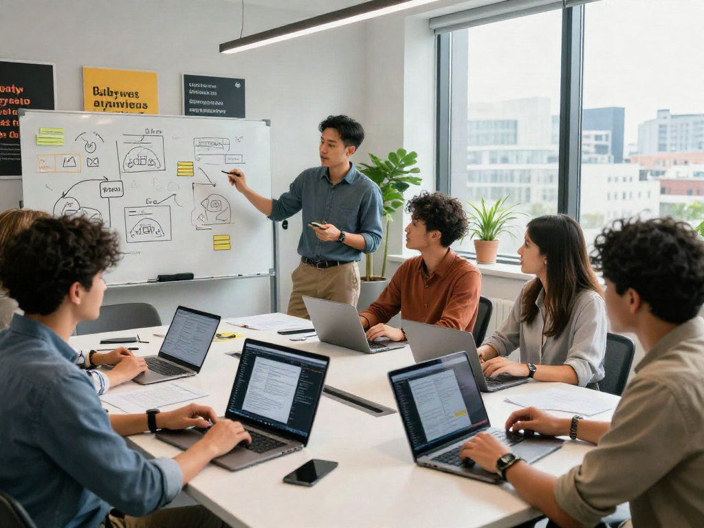 Team collaborating on innovative crushonai AI solutions in a modern workspace.