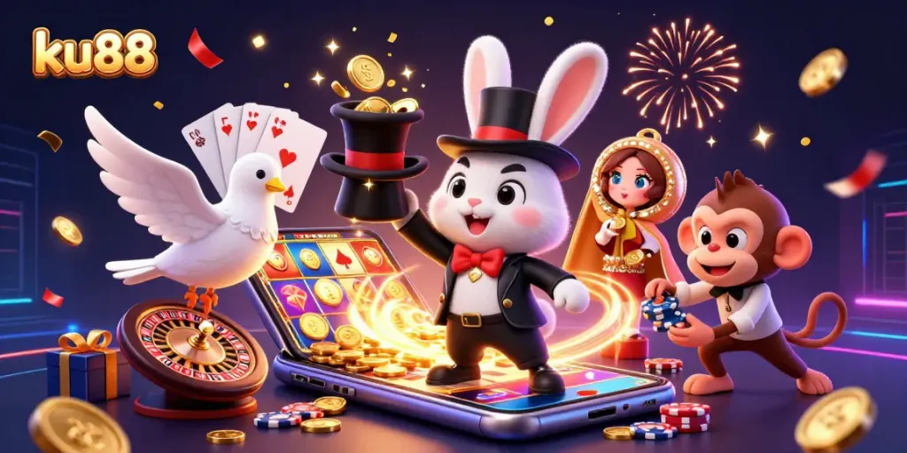 Engage with ku88's thrilling atmosphere as a magician rabbit conjures coins and chips in a festive casino scene.