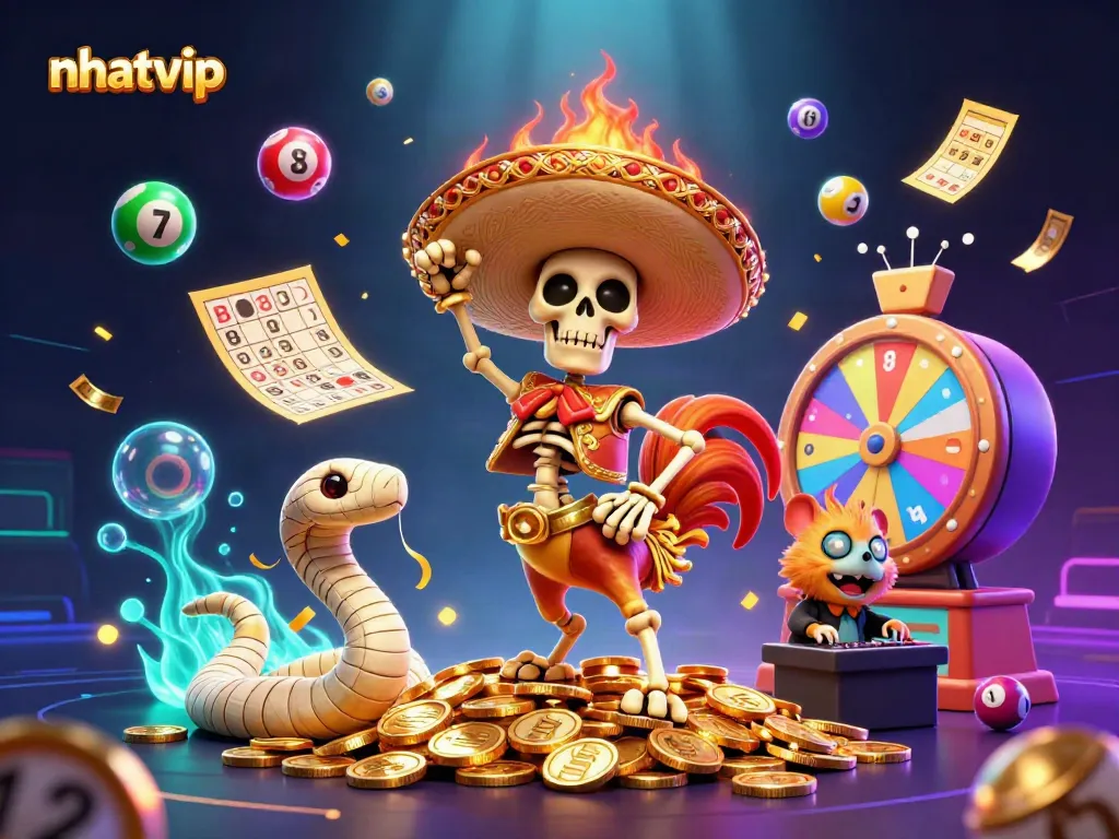 Experience the thrill of nhatvip with vibrant characters dancing among golden coins and colorful lottery elements.
