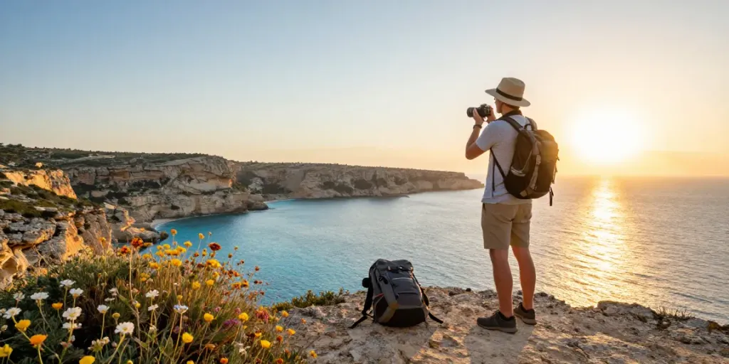 Gozo tours: traveler enjoying breathtaking sunset views from cliffs in Malta.
