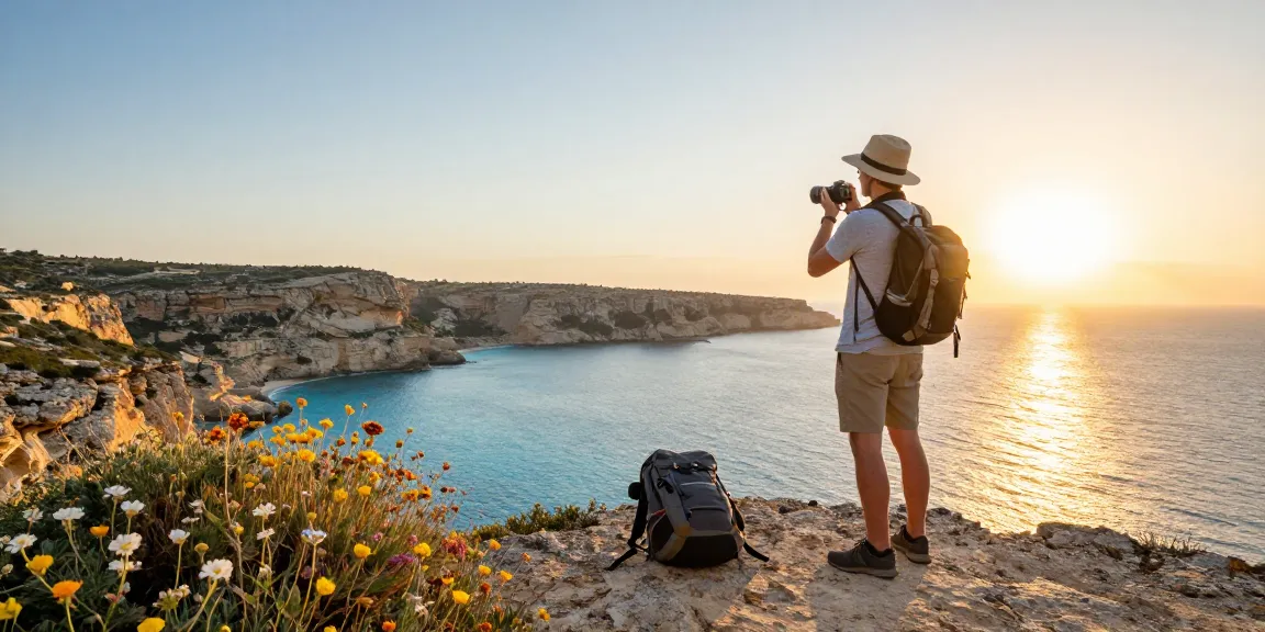 Gozo tours: traveler enjoying breathtaking sunset views from cliffs in Malta.