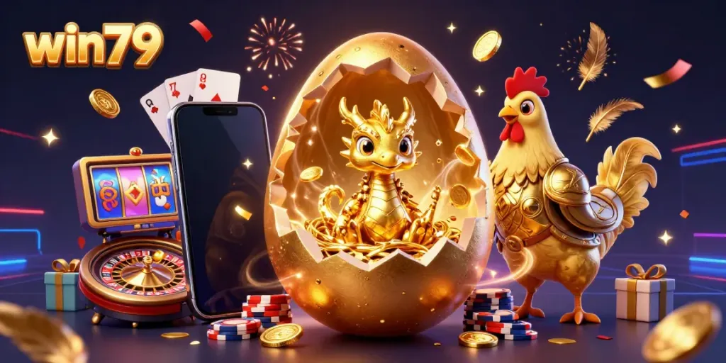 Win79 gaming illustration with a golden dragon and festive casino elements creating an exciting atmosphere.