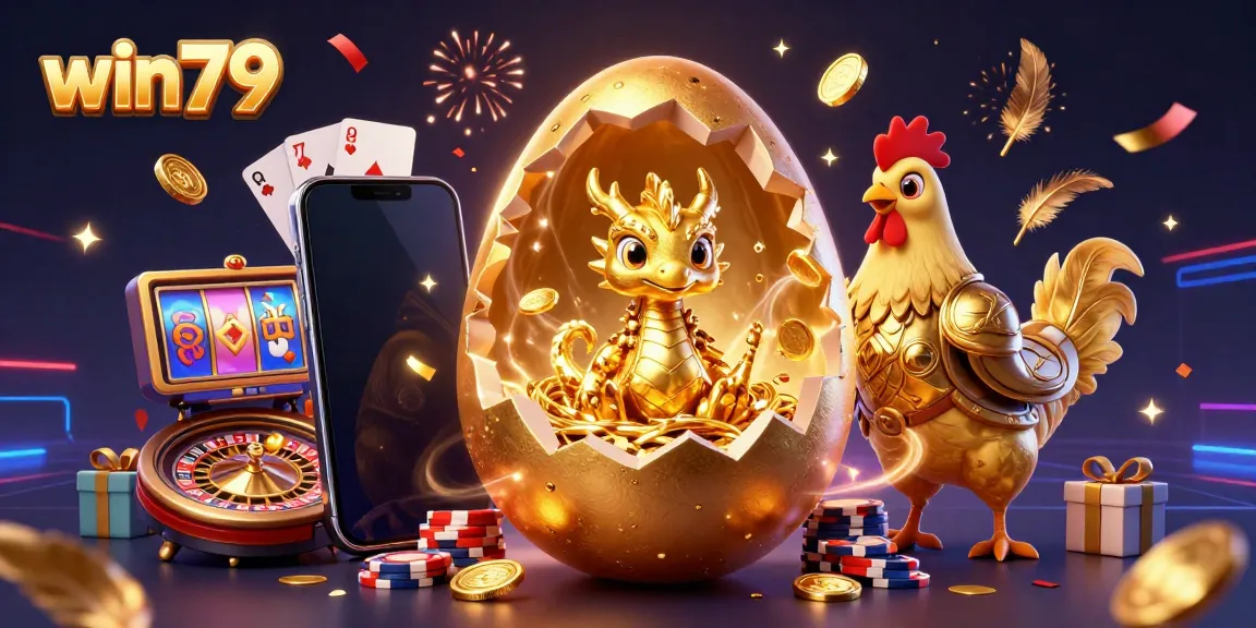 Win79 gaming illustration with a golden dragon and festive casino elements creating an exciting atmosphere.