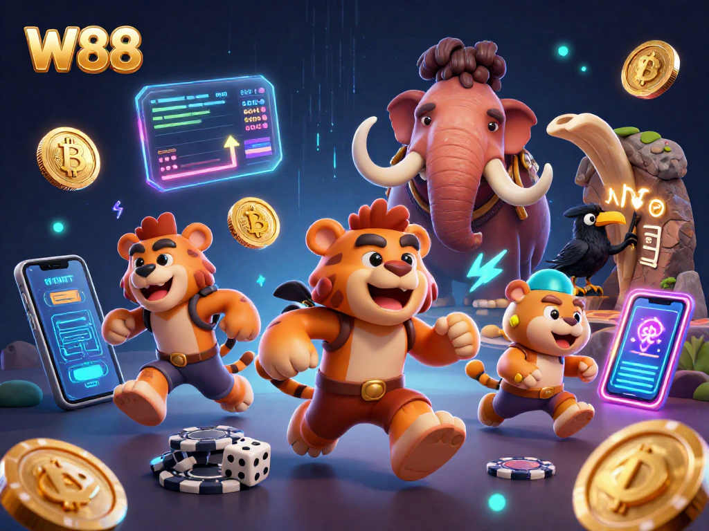 W88 players enjoy action-packed casino adventures with Bitcoin and Ethereum elements in this vibrant 3D illustration.