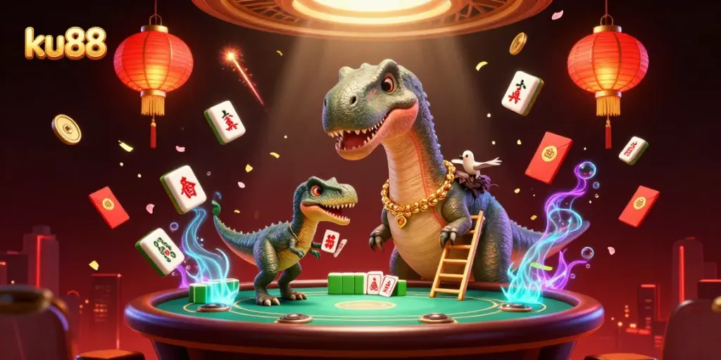 ku88 offers a lively casino experience with vibrant elements and cartoon characters engaging in games.