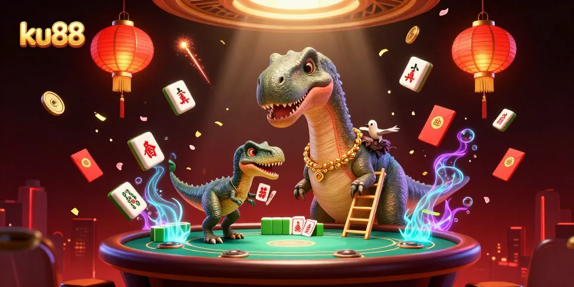 ku88 offers a lively casino experience with vibrant elements and cartoon characters engaging in games.