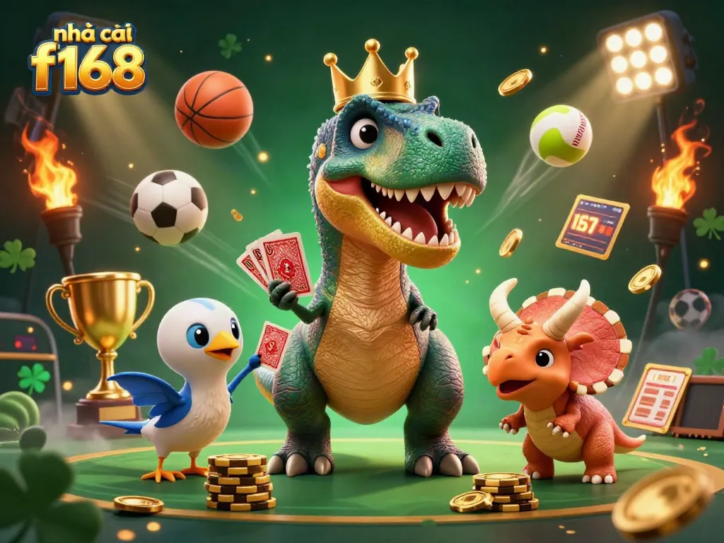 Engaging scene of nhà cái f168 showcasing a T-Rex juggling cards with vivid sports elements.