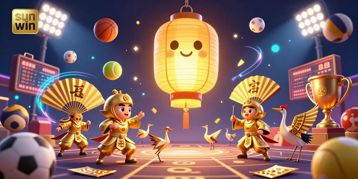 Engage with sun win as a golden lantern spirit illuminates a dynamic casino scene with vibrant sports elements.