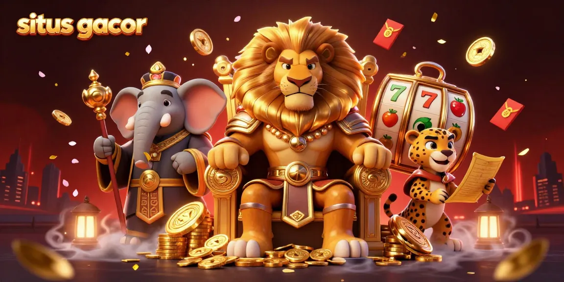 Experience the excitement of situs gacor with the lion king, elephant advisor, and cheetah messenger in a vibrant casino scene.