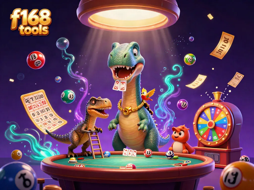 Win big with f168 tools in this vibrant casino scene featuring playful characters and exciting elements.