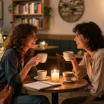 Friends sharing laughter and pastries while discussing their crush on someone in a cozy café setting.