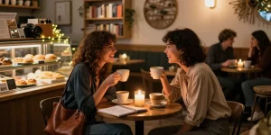 Friends sharing laughter and pastries while discussing their crush on someone in a cozy café setting.