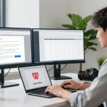 Download WPS Office in a modern office workspace with dual monitors and vibrant decor.