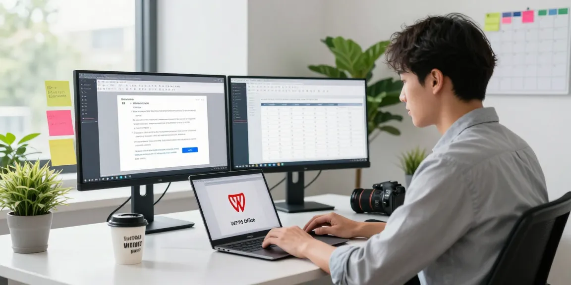 Download WPS Office in a modern office workspace with dual monitors and vibrant decor.