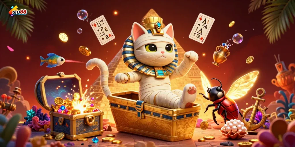 Experience the vibrant energy of siu88 with a majestic Egyptian mummy cat in a bustling pyramid casino scene.