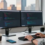 Dynamic workspace showcasing a developer using Telegram Download on dual monitors with a city view.