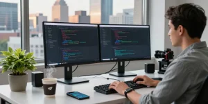 Dynamic workspace showcasing a developer using Telegram Download on dual monitors with a city view.