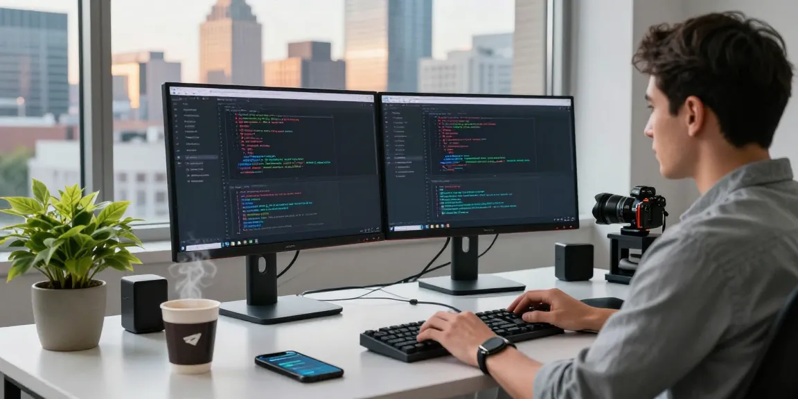 Dynamic workspace showcasing a developer using Telegram Download on dual monitors with a city view.