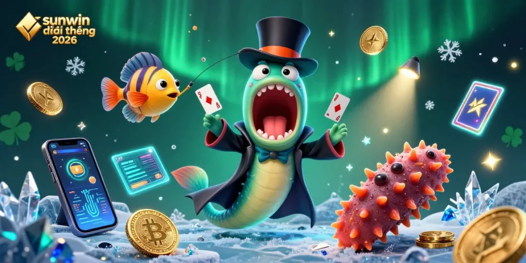 Engage with the magic of sunwin đổi thưởng 2026 featuring a whimsical deep-sea scene with an eel magician and anglerfish.