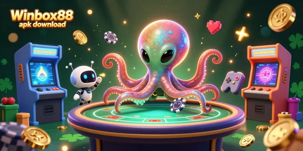 Winbox88 apk download illustration showing a vibrant 3D scene with an alien octopus at a holographic poker table, enhancing mobile gaming excitement.
